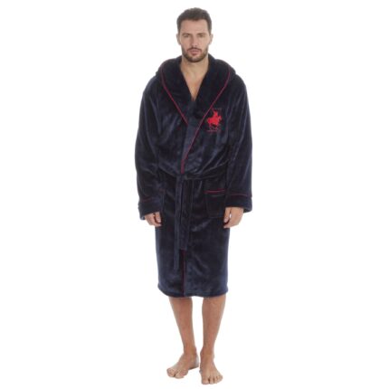 MENS HORSE EMBROIDERY FLANNEL FLEECE GOWN HOODED GOWN WITH PIPING.