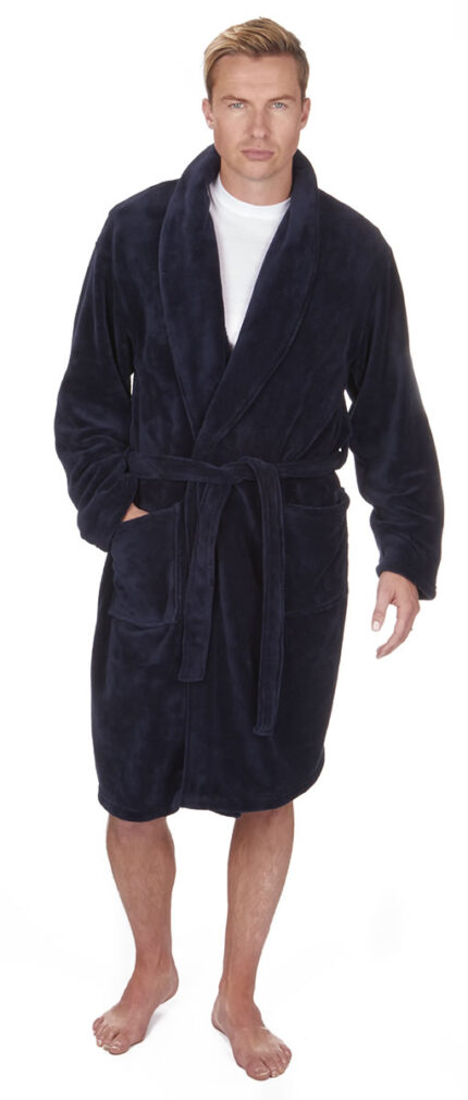 MENS PLAIN NAVY SHAWL COLLAR FLANNEL FLEECE GOWN.