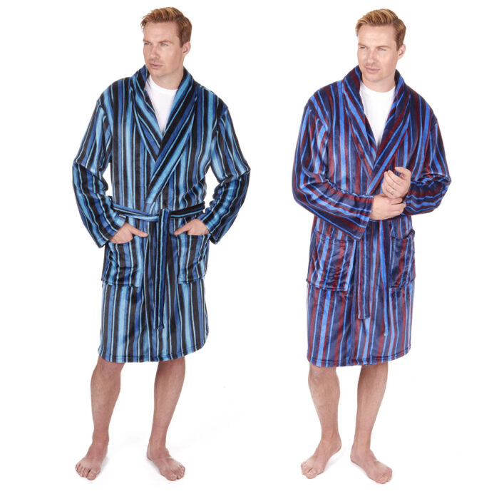MENS STRIPE SHAWL COLLAR FLANNEL FLEECE DRESSING GOWN. - Image 1