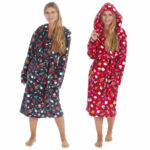 LADIES XMAS NOVELTY FLANNEL FLEECE HOODED GOWN.