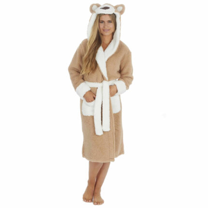 LADIES NOVELTY TEDDY FLANNEL HOODED ROBE.