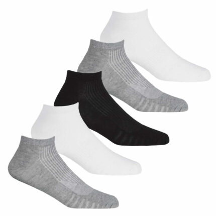 MENS 5 PAIR PACK ASSORTED WOVEN MESH INSERT TRAINER SOCKS.