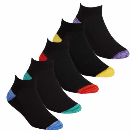 CHILDREN  5 PACK WOVEN  MESH INSERT CONTRAST HEEL AND TOE TRAINER SOCKS.