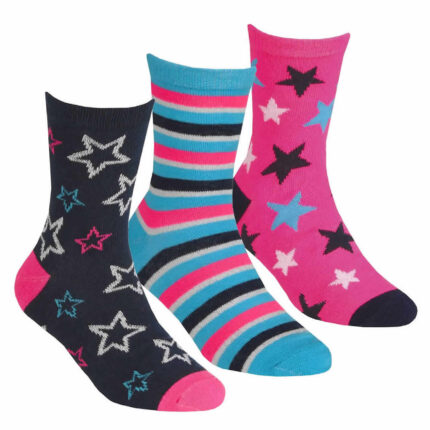 GIRLS 3 PACK FANCY STAR AND HEART PRINT DESIGN SHORT SOCKS.