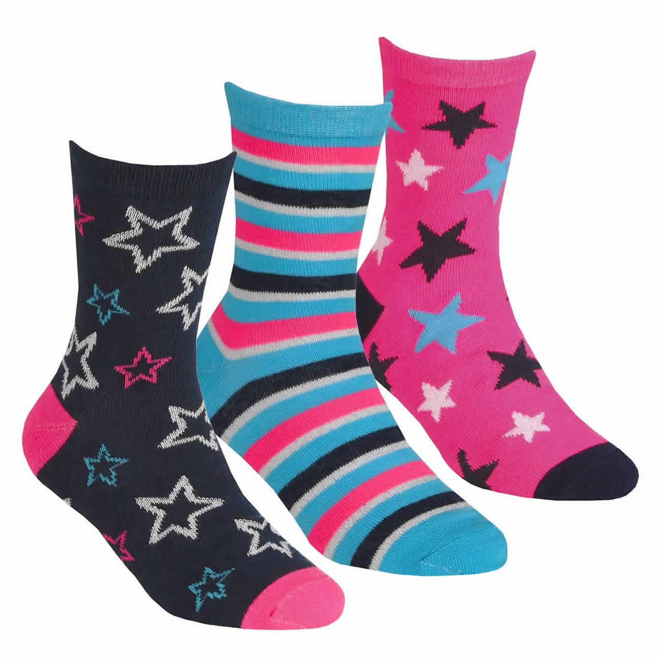 43B681STARHEARTSOCKS GIRLS 3 PACK FANCY STAR AND HEART PRINT DESIGN SHORT SOCKS. - Image 1