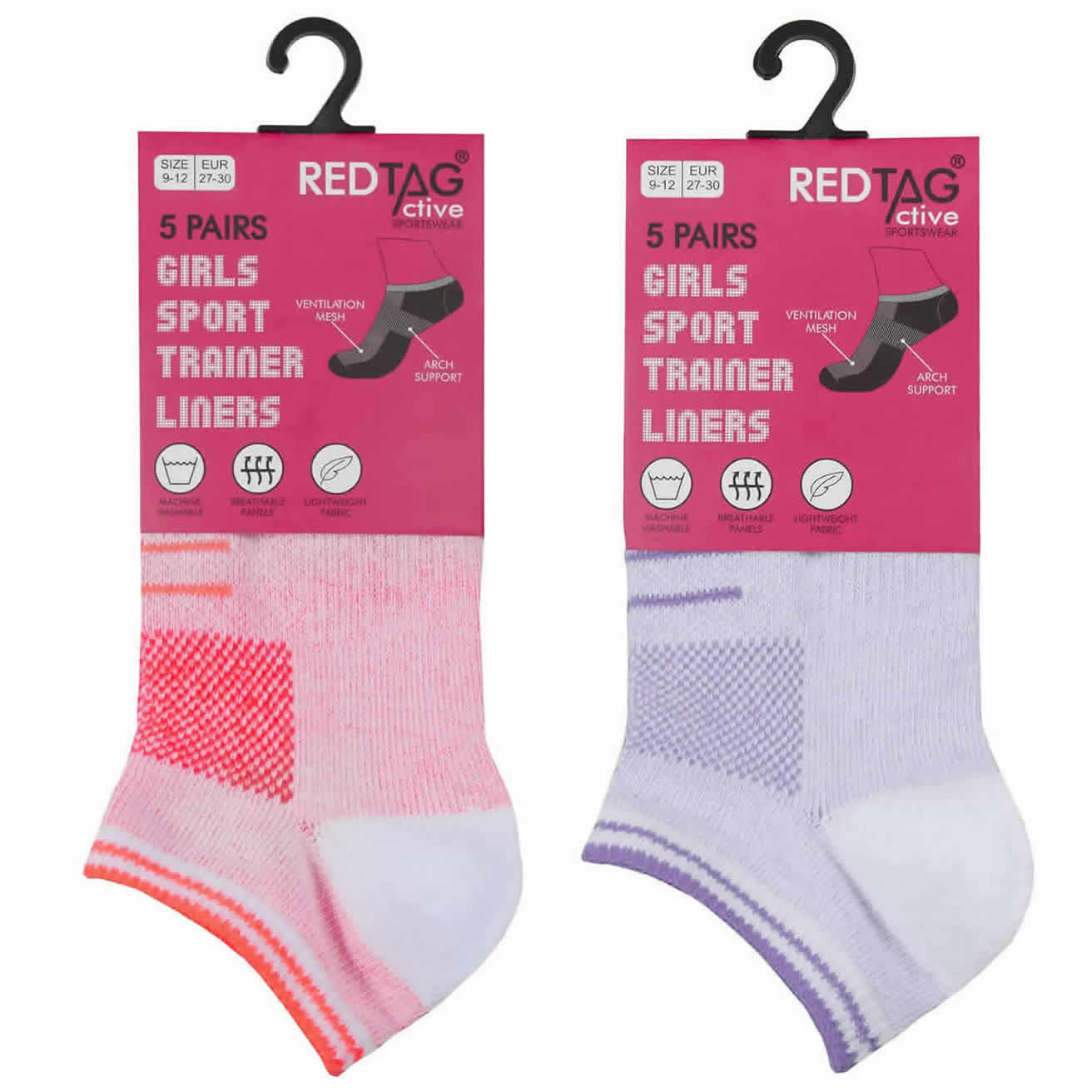 43B699LOWCUT TRAINER GIRLS 5 PACK WOVEN MESH INSERT ASSORTED MARL TRAINER SOCKS. - Image 1