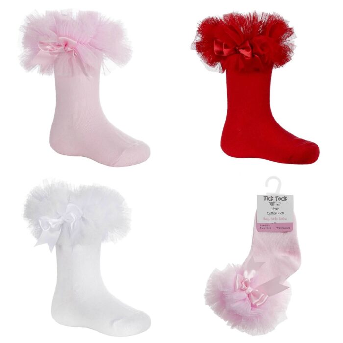 BABY GIRLS PINK / WHITE / RED TUTU FRILL AND BOW SOCKS. - Image 1