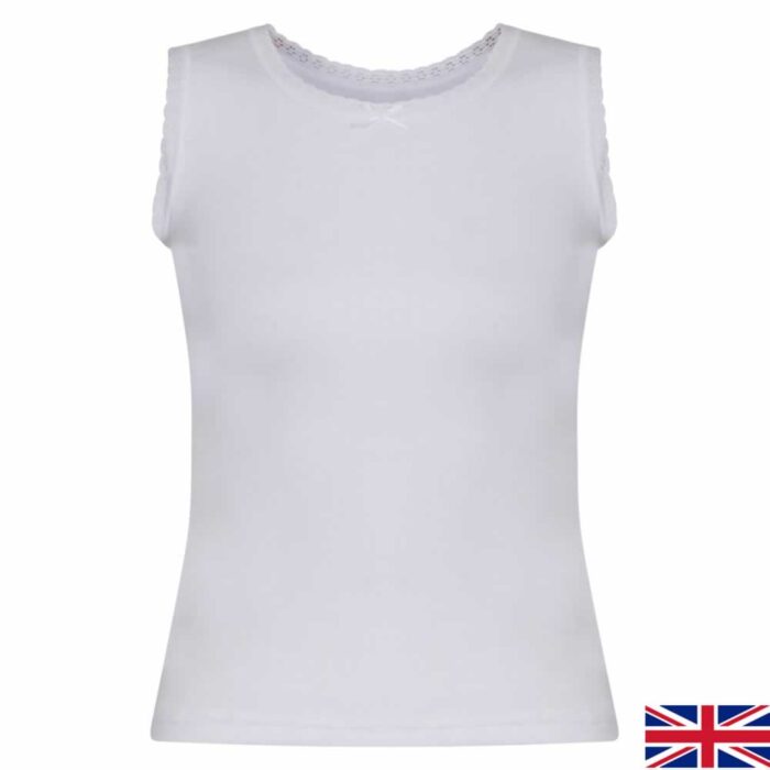 GIRLS PLAIN WHITE COTTON INTERLOCK VEST. - Image 1
