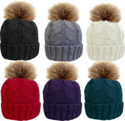 LADIES ROCKJOCK CABLE HAT WITH COSY LINER AND DETACHABLE FAUX FUR POM POM