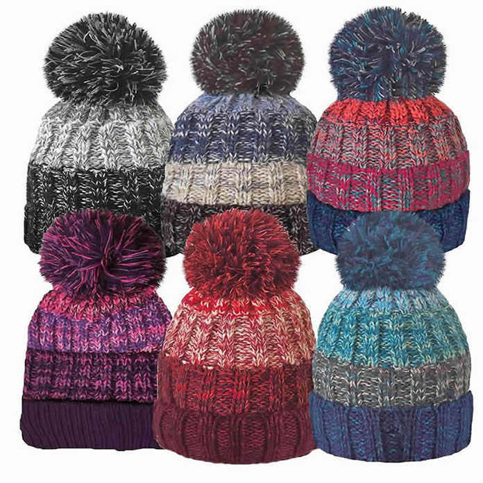HAI660LDSHAT LADIES ROCKJOCK MARL STRIPE BOBBLE HAT WITH SOFT COSY FLEECE LINER. - Image 1