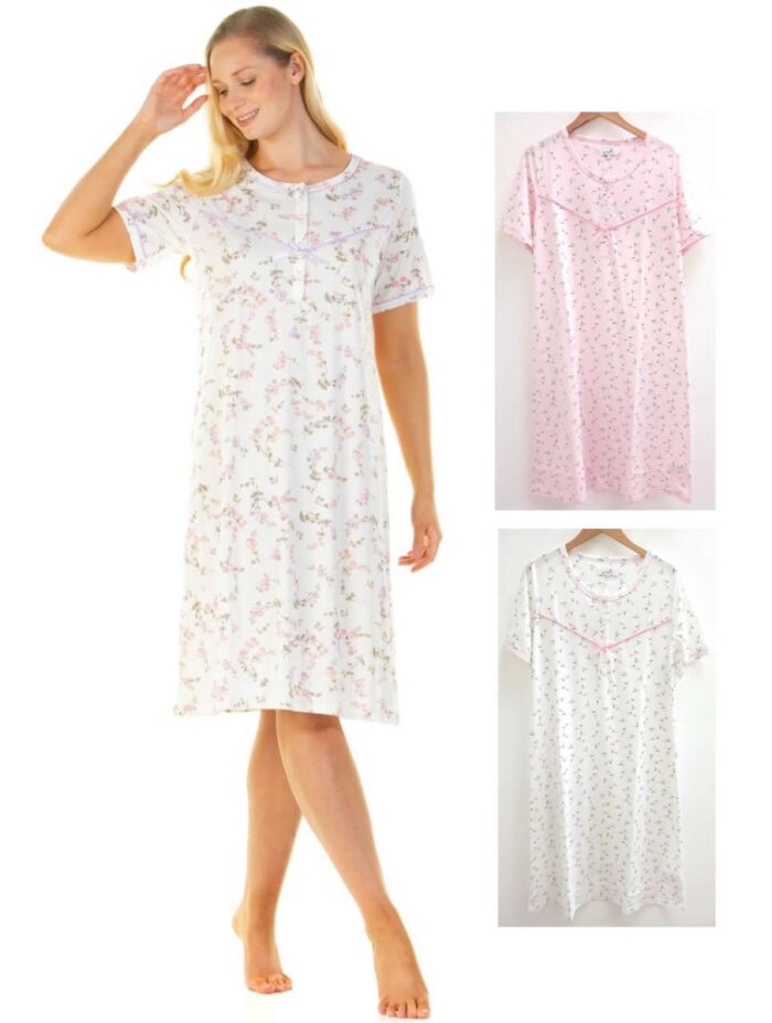 LADIES FLOWER LEAF PRINT SHORT SLEEVE COTTON RICH NIGHTDRESS. - Image 1