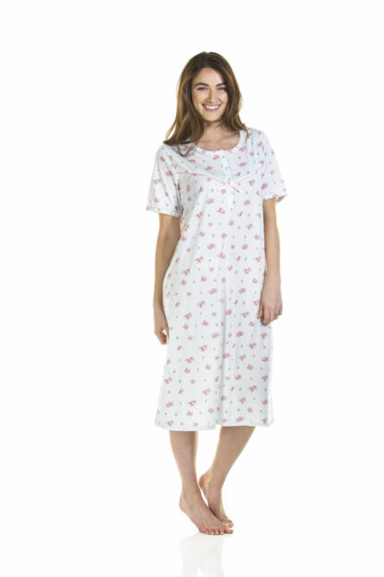 LADIES PINK BLUSH PRINT JERSEY SHORT SLEEVE NIGHTDRESS.