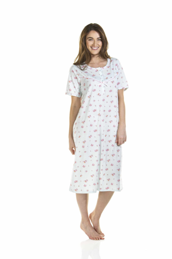 LADIES PINK BLUSH PRINT JERSEY SHORT SLEEVE NIGHTDRESS. - Image 1
