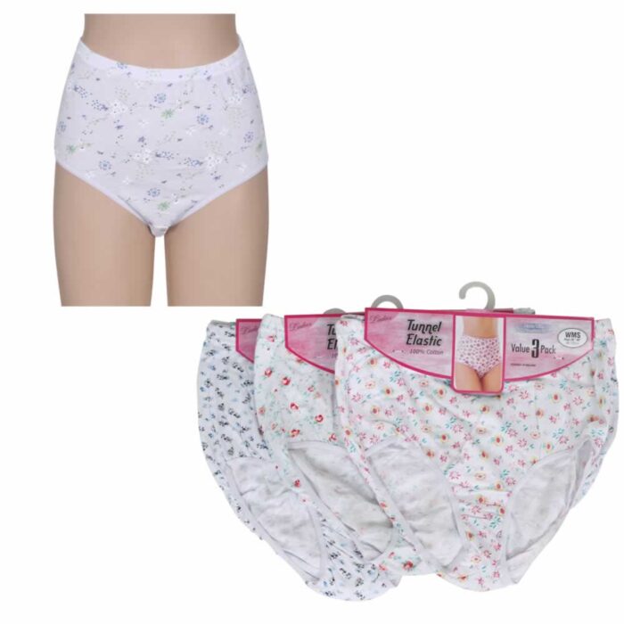 LADIES TUNNEL ELASTIC WHITE FLORAL FULL SIZE BRIEFS. 3 PAIR PACK - Image 1