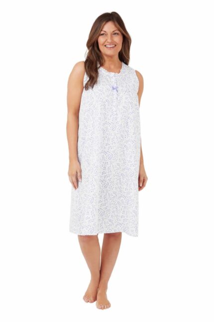 LADIES MARLON SWIRL LEAF DESIGN SLEEVELESS POLYCOTTON NIGHTDRESS