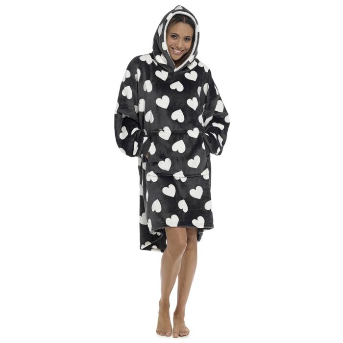 LADIES MIXED CHARCOAL AND PINK HEART PRINT LONGER LENGTH SNUGGLE HOODIE. - Image 1