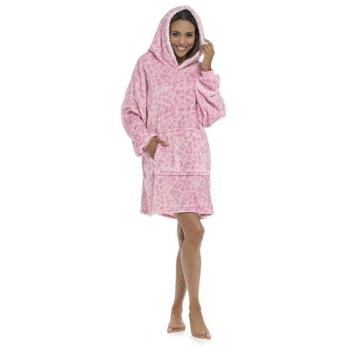LADIES MIXED BLACK AND PINK PANTHER PRINT SNUGGLE FLEECE SINGLE LAYER HOODIE. - Image 1