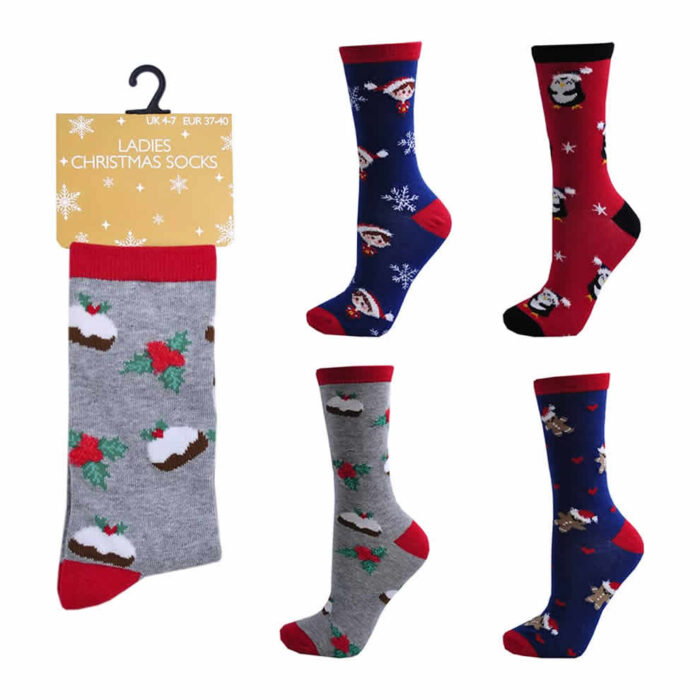 LADIES COTTON RICH CHRISTMAS DESIGN SOCKS. - Image 1