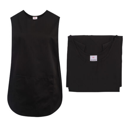 LADIES PLAIN ALL BLACK TABARDS WITH FRONT POCKET.