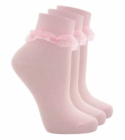 GIRLS PINK COTTON LYCRA FRILLY ANKLE SOCKS.