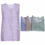 LADIES CHECK BUTTON DOWN TABARDS WITH TWO FRONT SIDE POCKETS.